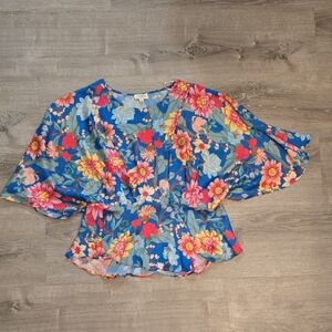 Umgee Vibrant Floral Blouse with Pink and Orange Highlights